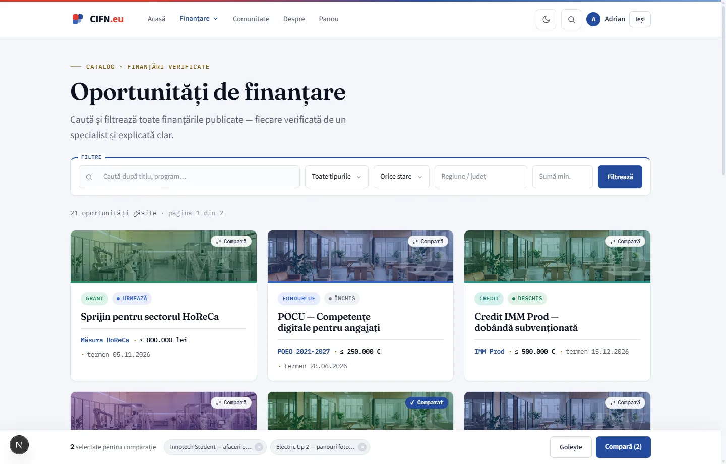 Catalogul CIFN — oportunități de finanțare filtrabile după tip, stare, regiune și sumă